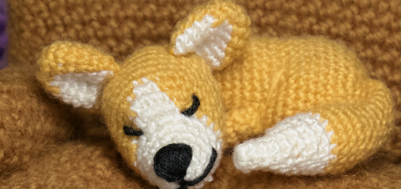 Close-up of the crocheted corgi as Capture One renders it: golden yellow.